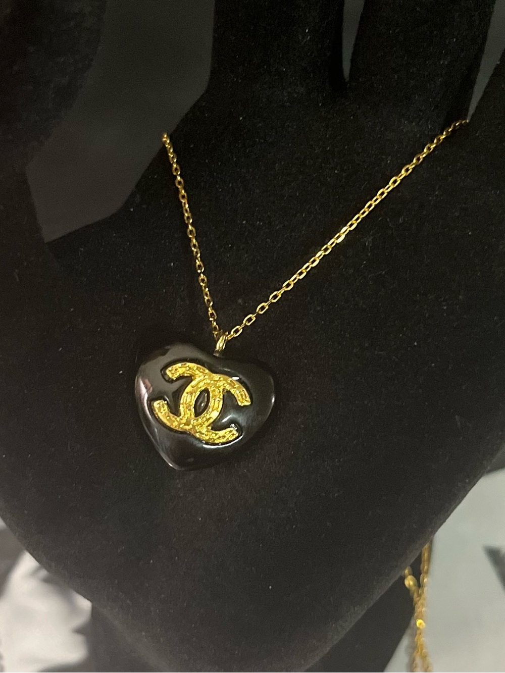 CHANEL Black Heart Pendant Necklace with Gold CC Emblem
